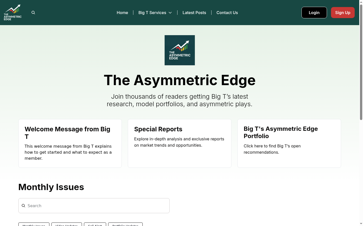 Screenshot of The Asymmetric Edge homepage showing Big T research, model portfolio, and member sections