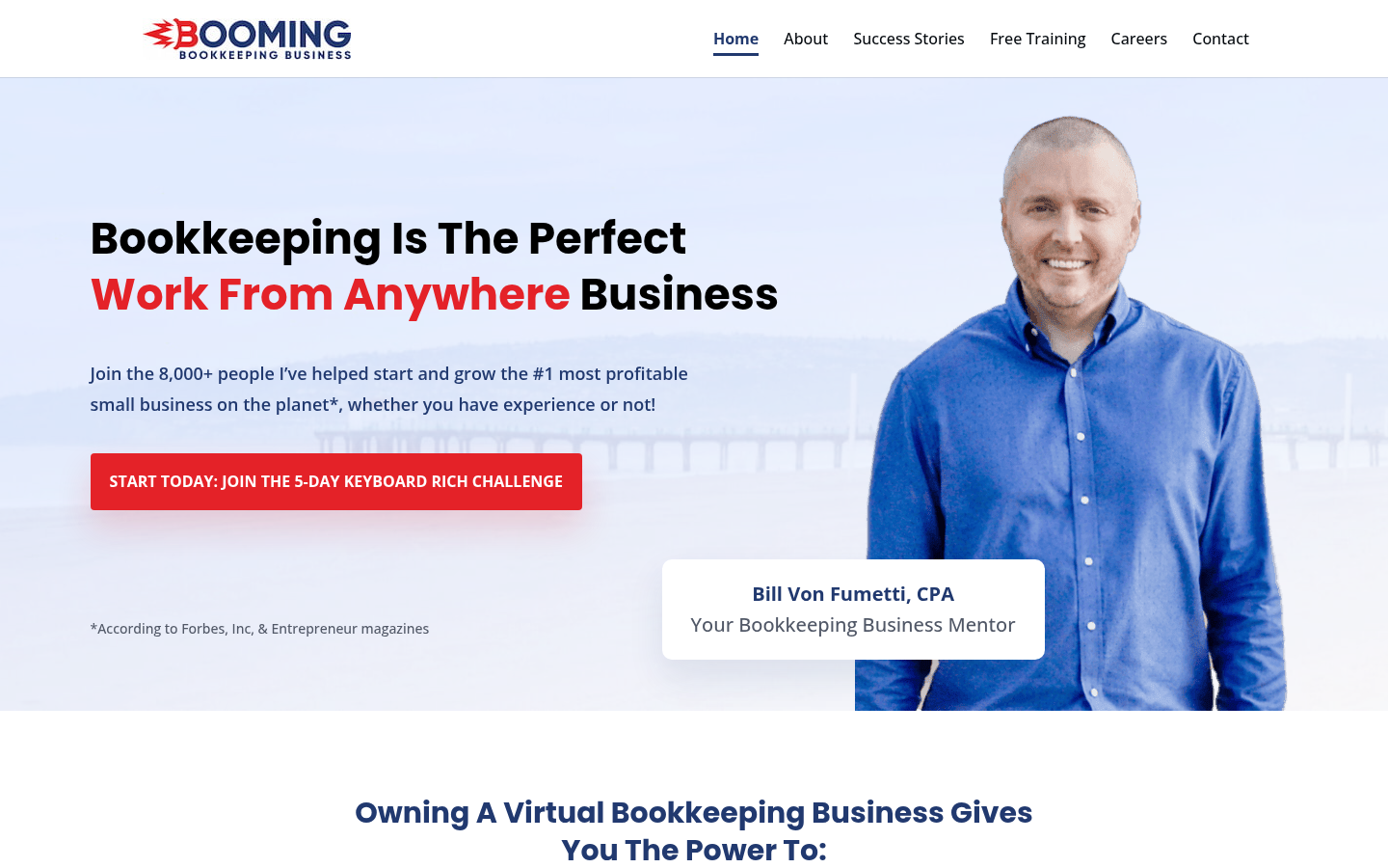 Screenshot of Booming Bookkeeping Business homepage with Keyboard Rich Challenge CTA and Bill Von Fumetti, CPA