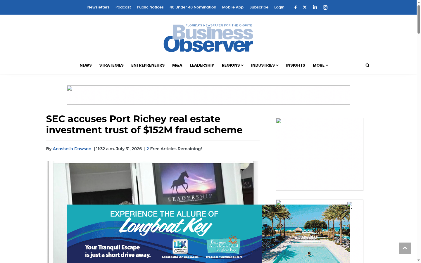 Screenshot of Business Observer headline: SEC accuses Port Richey REIT of $152M fraud scheme, July 31, 2026
