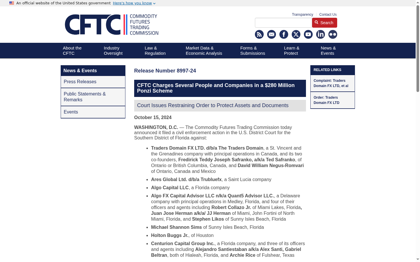 Official CFTC press release 8997-24 naming Holton Buggs Jr. among defendants in alleged Traders Domain Ponzi scheme