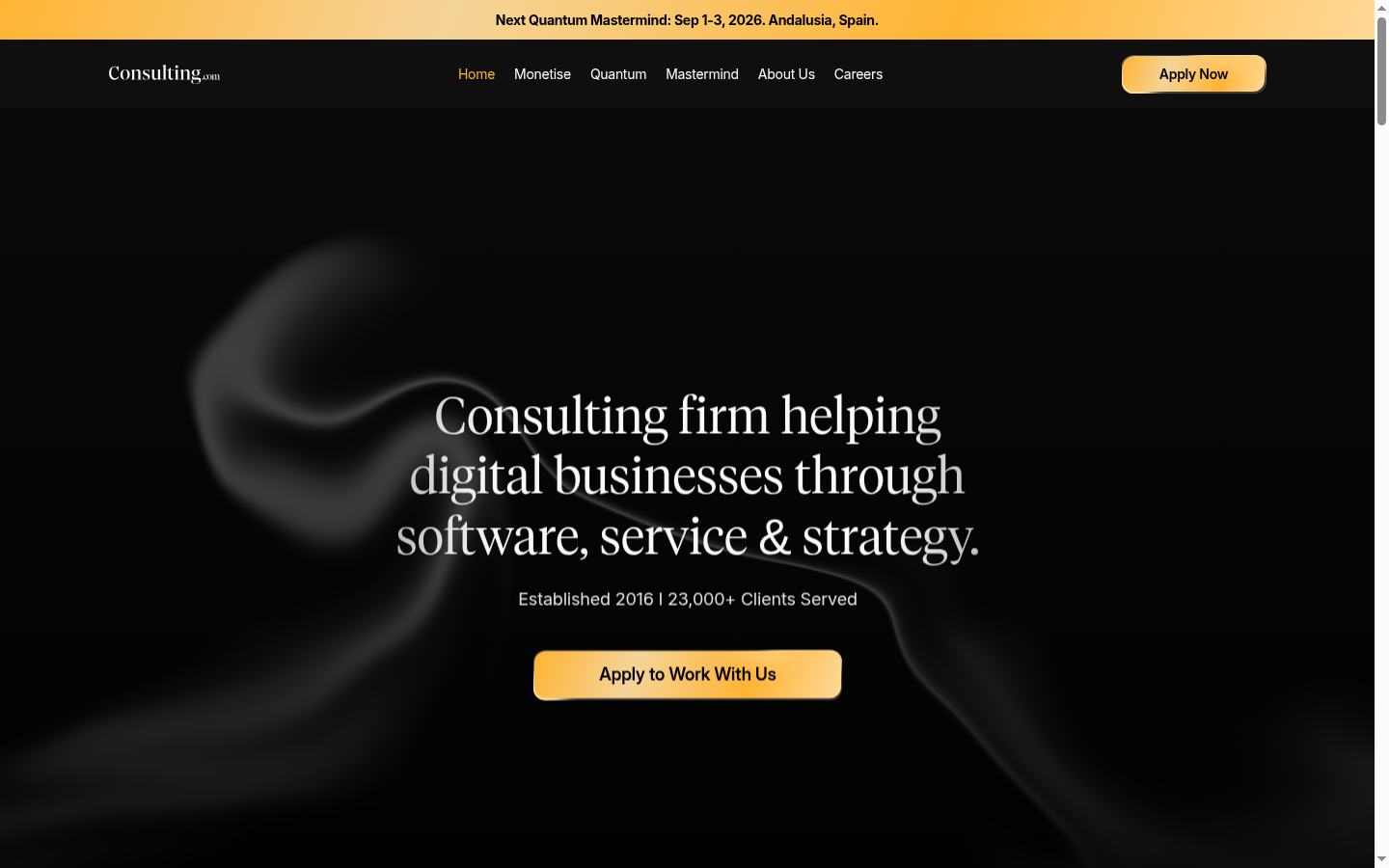Screenshot of Consulting.com site header showing Monetise, Quantum, Mastermind navigation and Apply Now