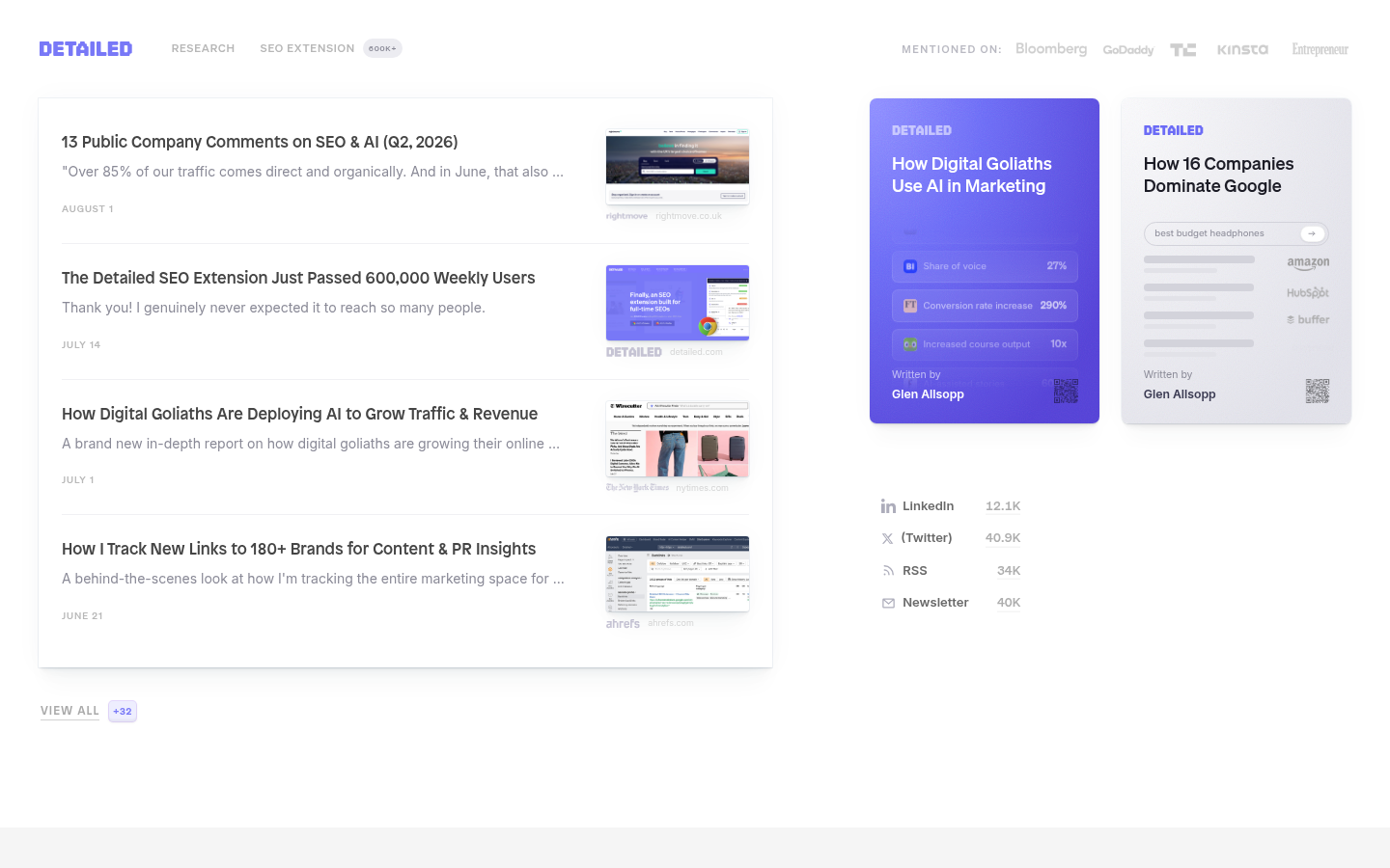 Screenshot of Detailed.com homepage showing Glen Allsopp research posts, Digital Goliaths cards, and SEO Extension 600K badge