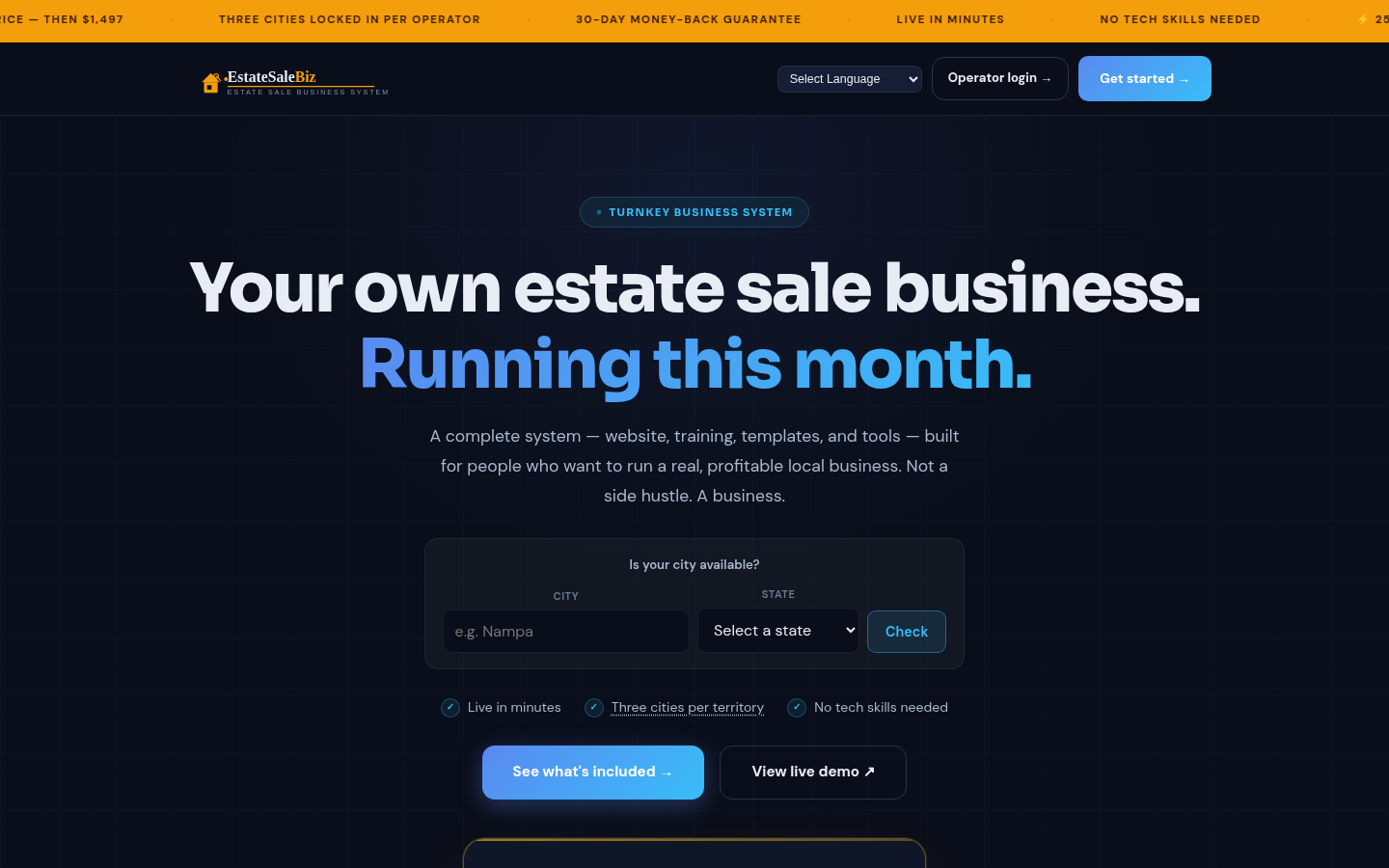Screenshot of EstateSaleBiz.com turnkey estate sale business system homepage showing city availability check, $1,497 banner pricing, and 30-day money-back guarantee