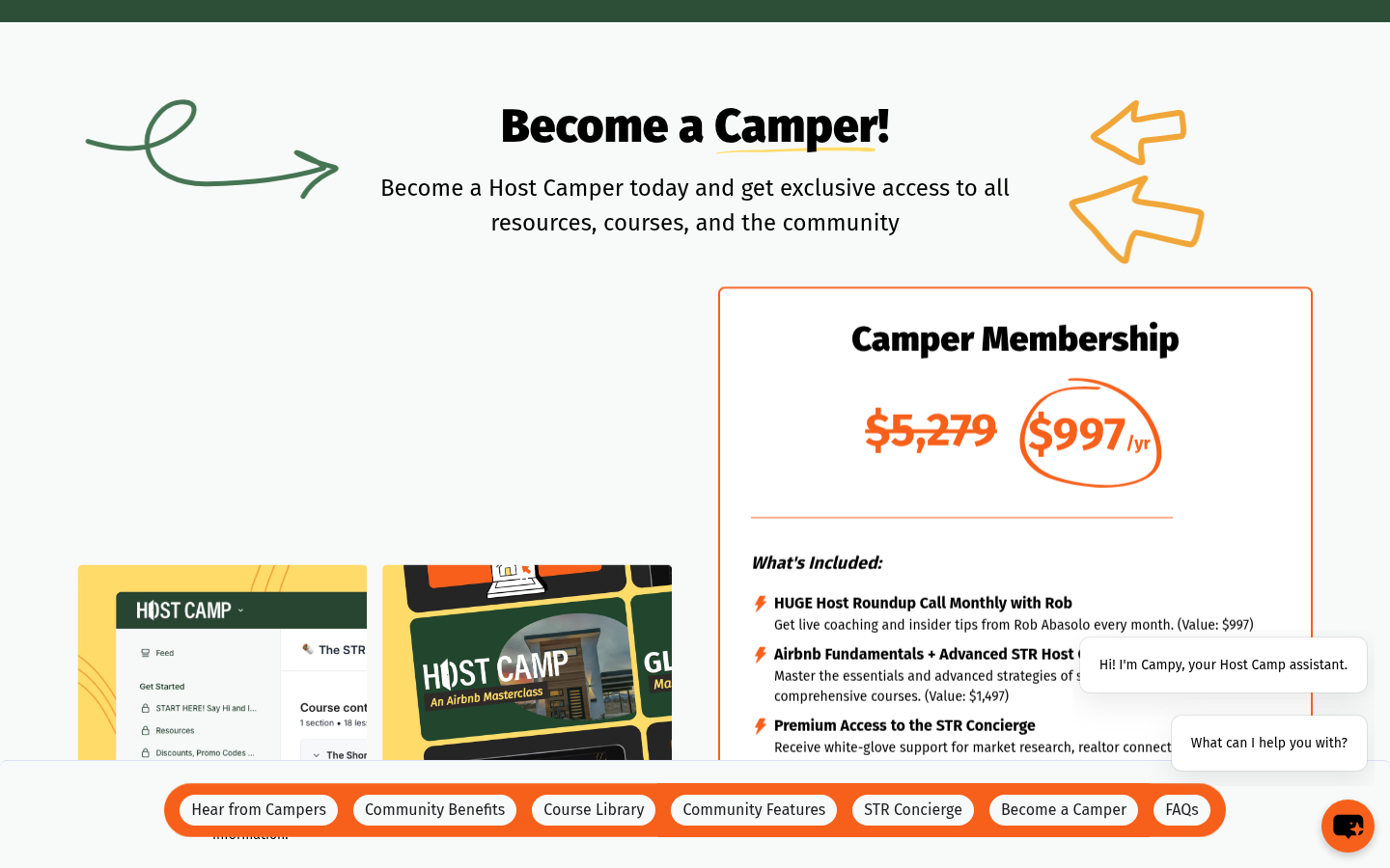 Screenshot of Host Camp Camper membership page showing $997 per year with strikethrough $5,279