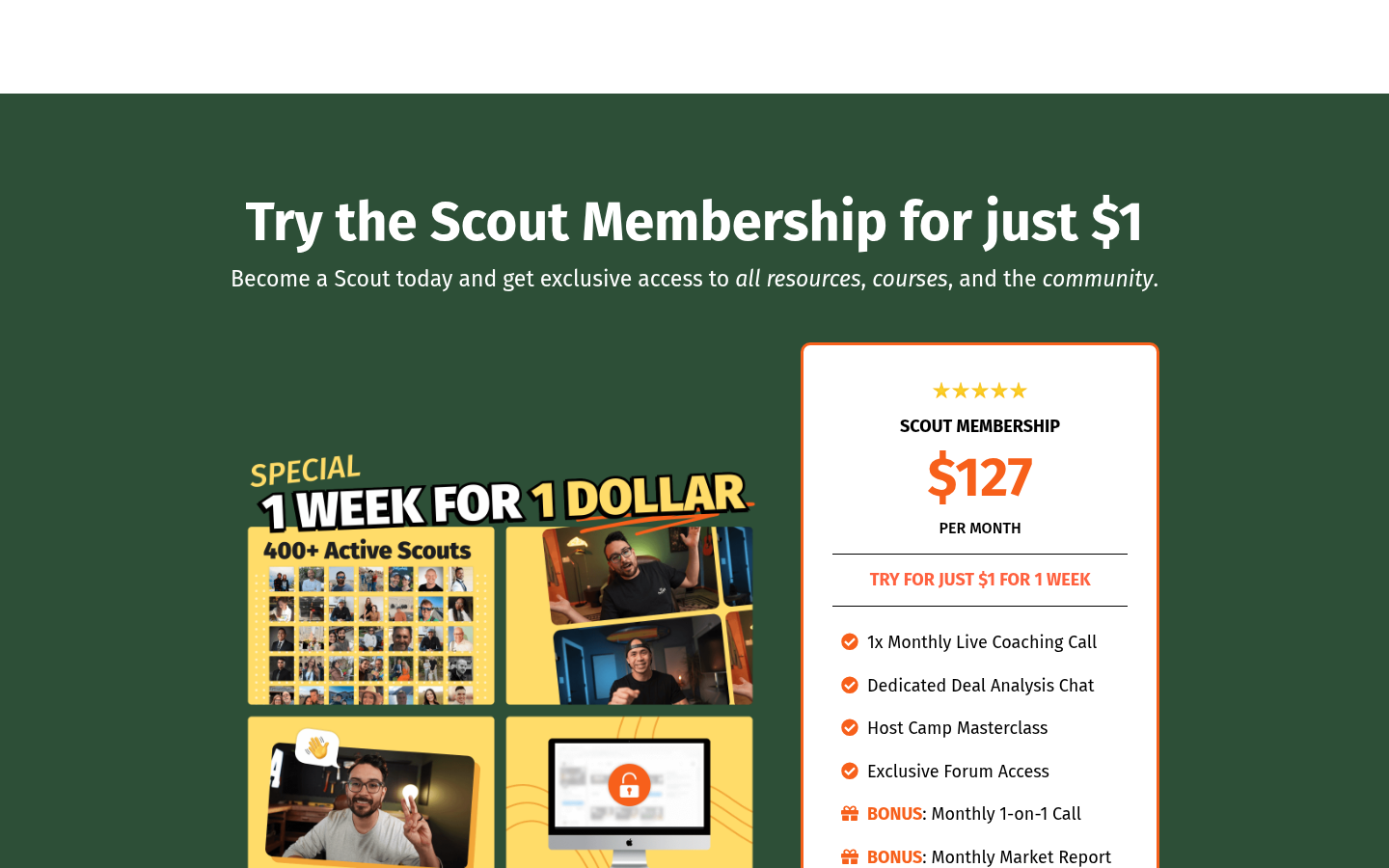Screenshot of Host Camp Scout membership pricing showing $127 per month and $1 one-week trial