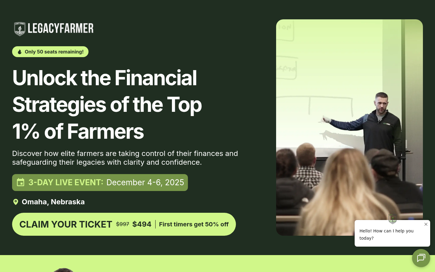 Screenshot of Legacy Farmer Live events page showing Omaha Dec 2025 ticket at $997 / $494 first-timers