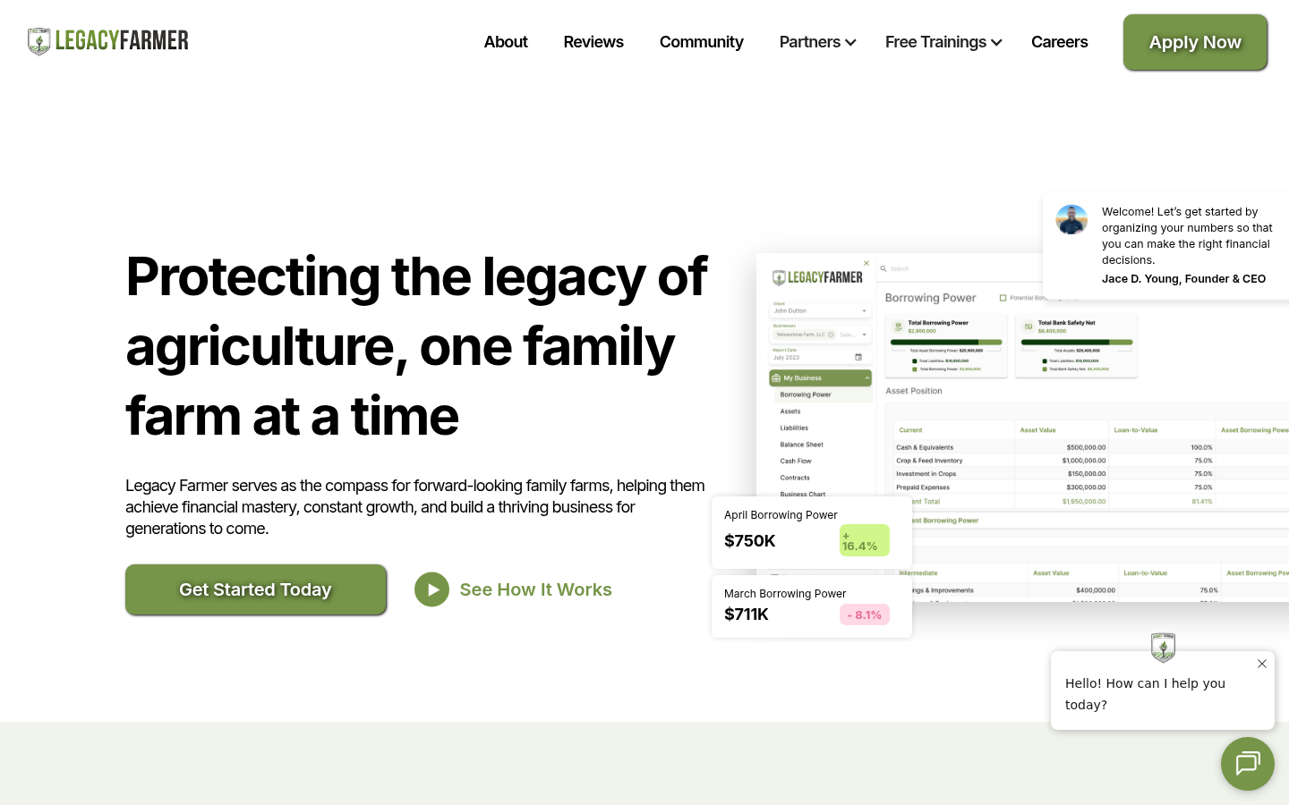 Screenshot of legacyfarmer.com homepage with Farmer Metrics borrowing-power UI and Apply Now CTA