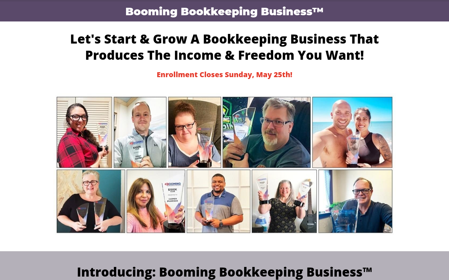 Screenshot of Booming Bookkeeping Business mentorship registration / sales page showing $100K Club student collage