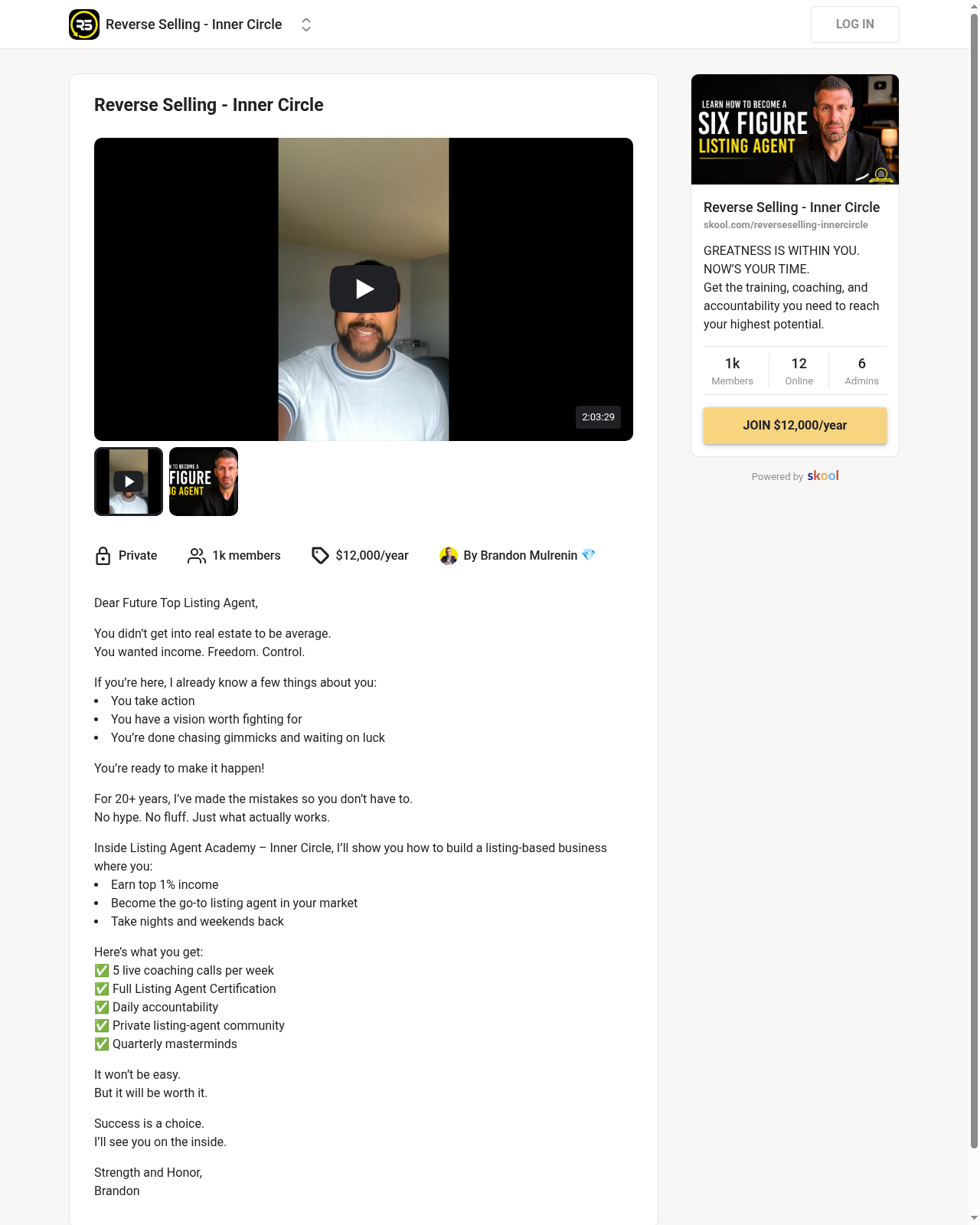 Reverse Selling Inner Circle Skool about page showing 12,000 per year and 1k members