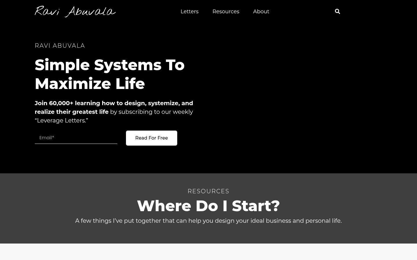 Screenshot of raviabuvala.com homepage with Simple Systems To Maximize Life headline and Leverage Letters signup