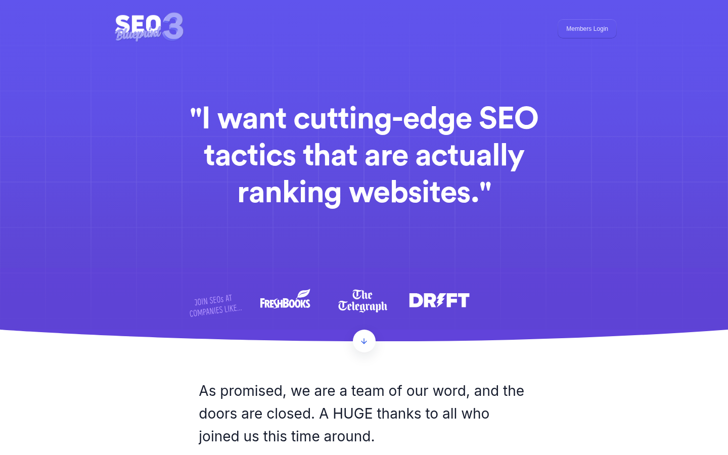 Screenshot of SEO Blueprint 3 sales page stating doors are closed after enrollment
