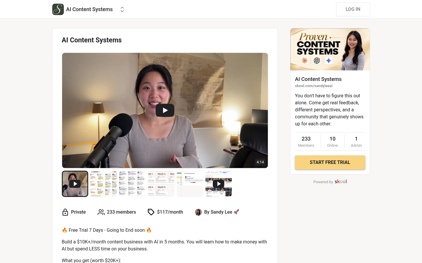 Screenshot of Sandy Lee AI Content Systems Skool about page showing $117 per month and member count