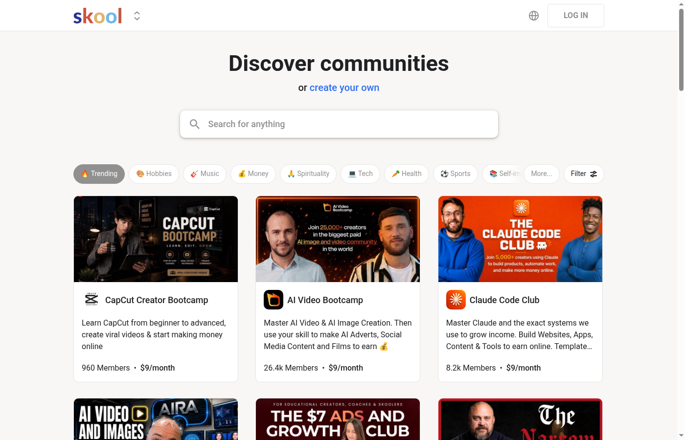 Screenshot of Skool.com discover communities page showing community cards and search