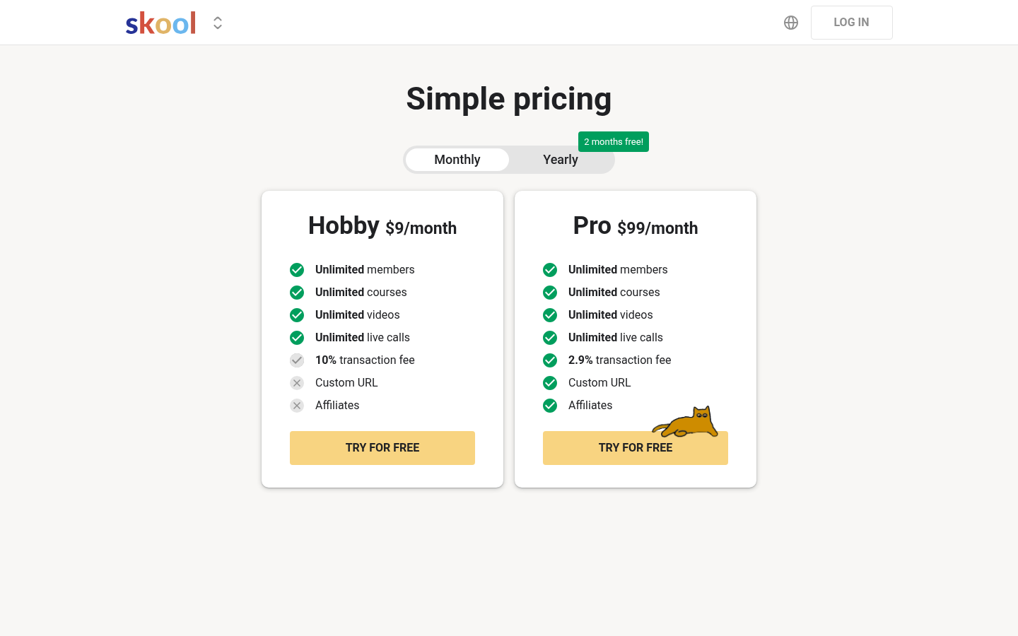 Skool pricing page showing Hobby $9/month and Pro $99/month plans
