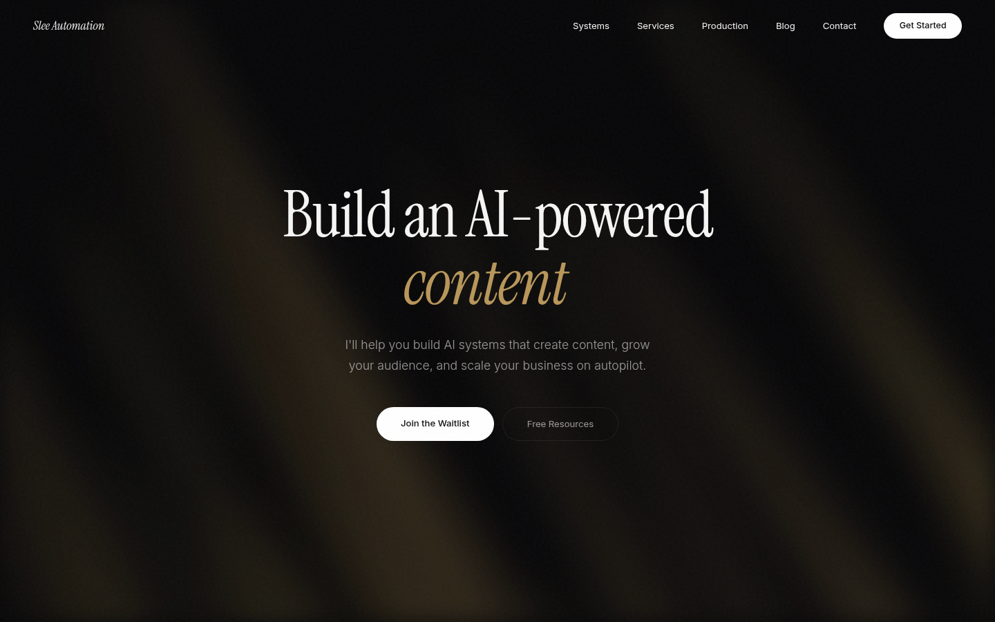 Screenshot of sleeautomation.com homepage with AI content systems positioning and waitlist CTA