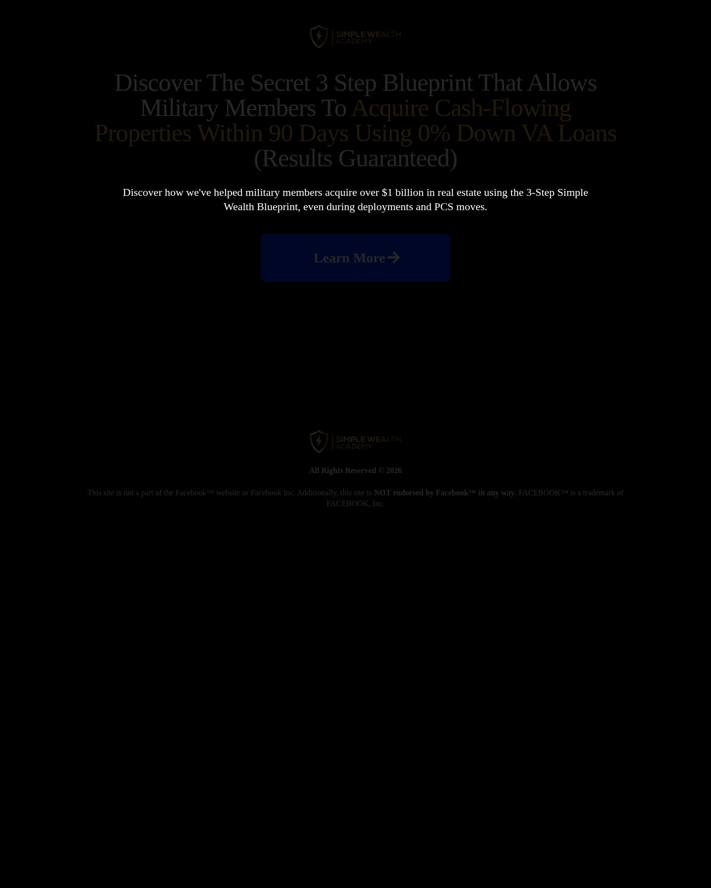 Simple Wealth Academy landing page promising a 3-step VA-loan blueprint and $1 billion in combined deals
