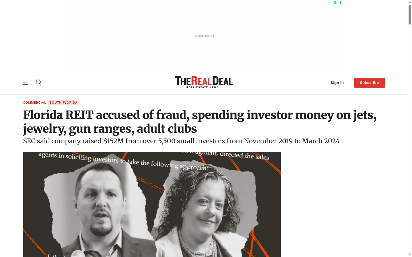Screenshot of The Real Deal article: Florida REIT accused of fraud; SEC said company raised $152M from over 5,500 small investors