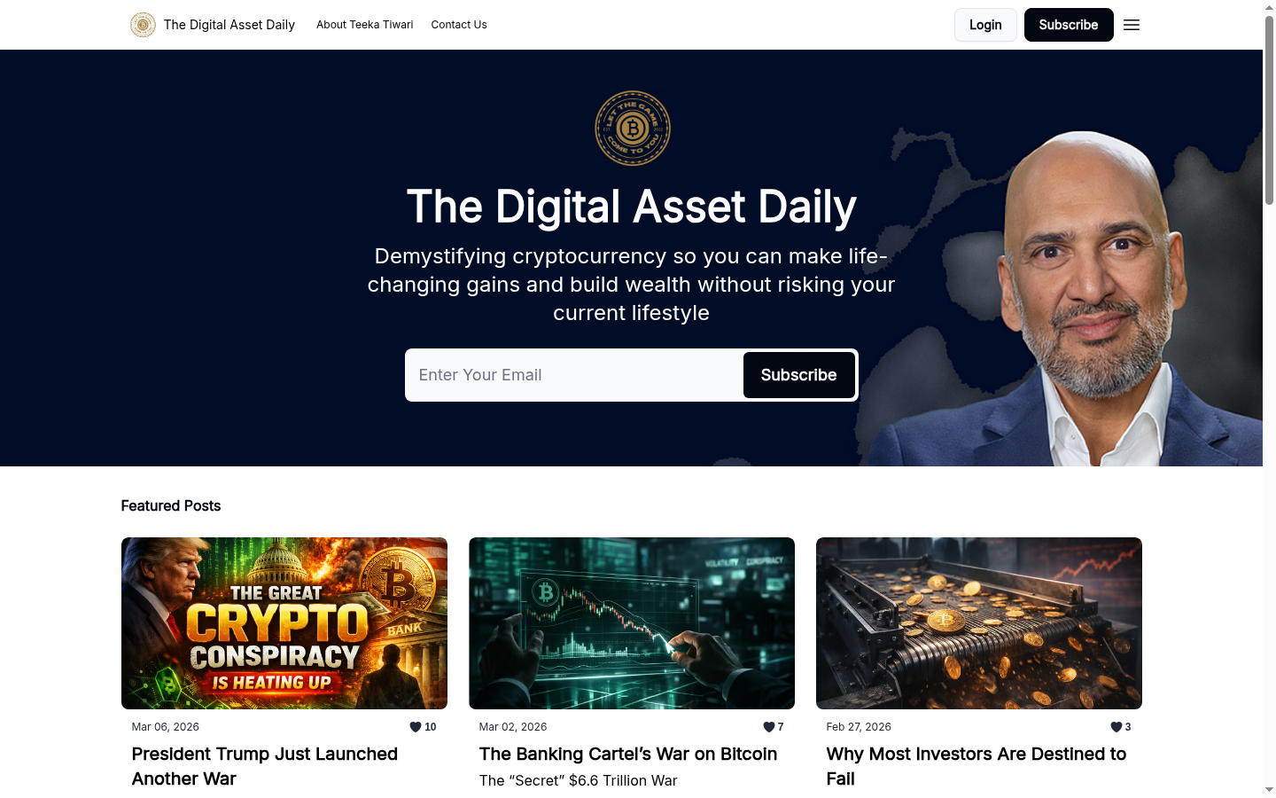 Screenshot of The Digital Asset Daily / Tiwari Research Group homepage with subscribe form and featured posts