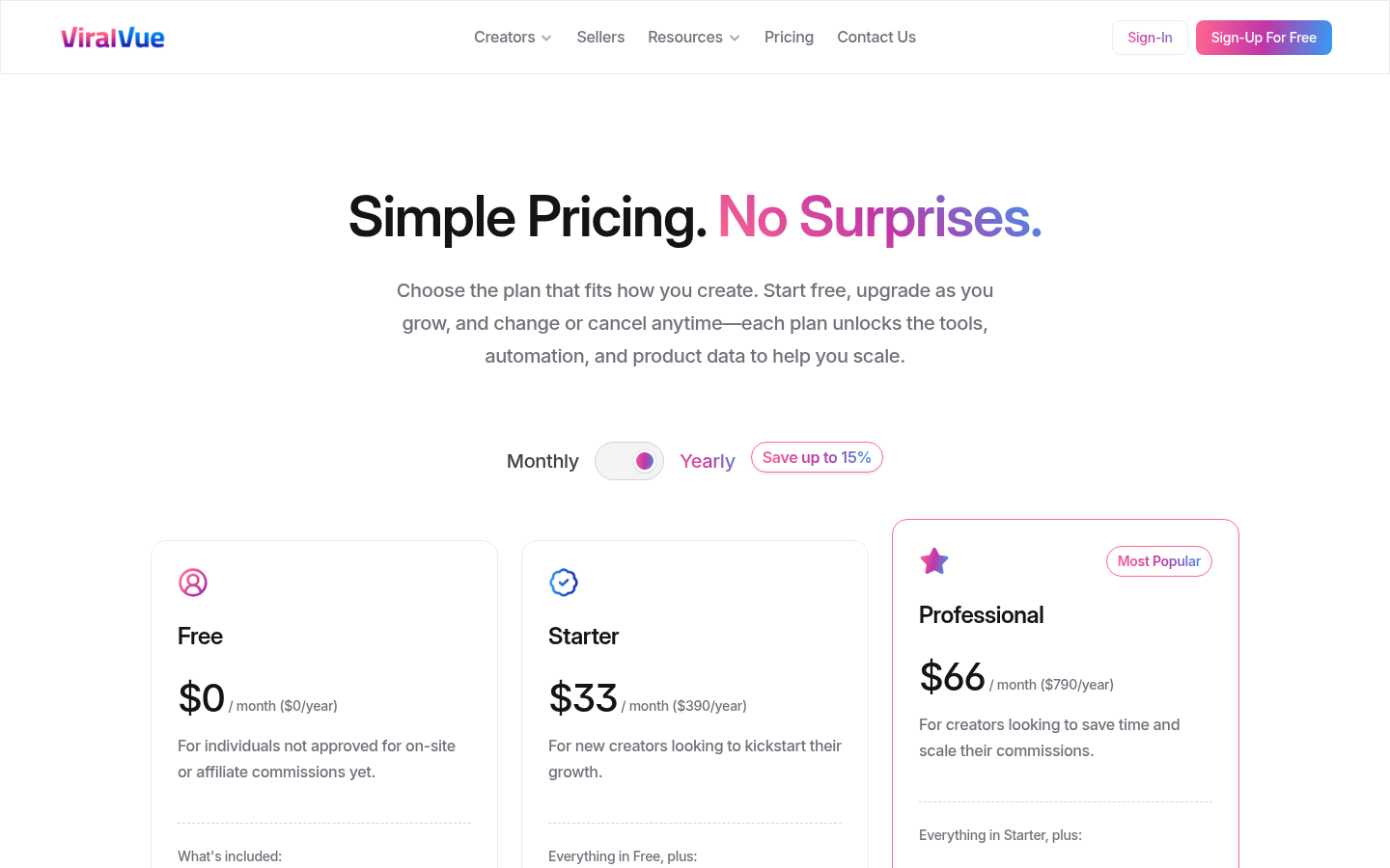 Screenshot of Viral Vue pricing page