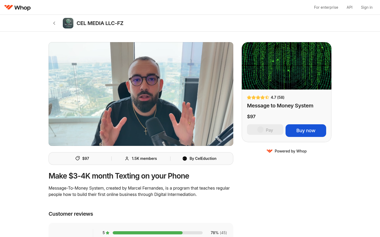 Screenshot of Whop sales page for Marcel Fernandes Message to Money System priced at $97